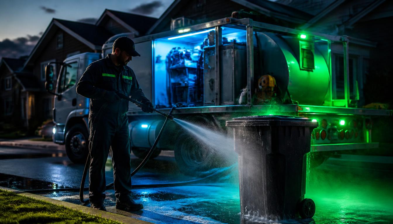 Professional trash can cleaning service truck in a Fresno neighborhood